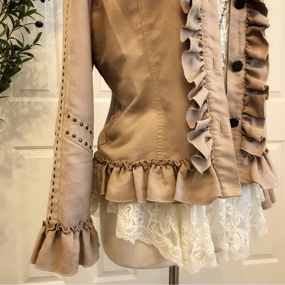 Faux Suede Ruffled Tan Jacket Metal Stud Accents - Picture 3 of 10